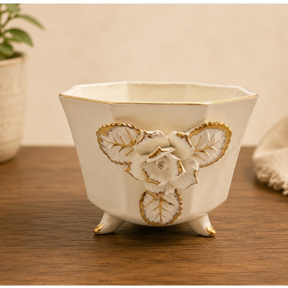 Vintage Napco Japan 2B00 Footed Ceramic Planter Matte Ivory Gold Rose Lefton Tag